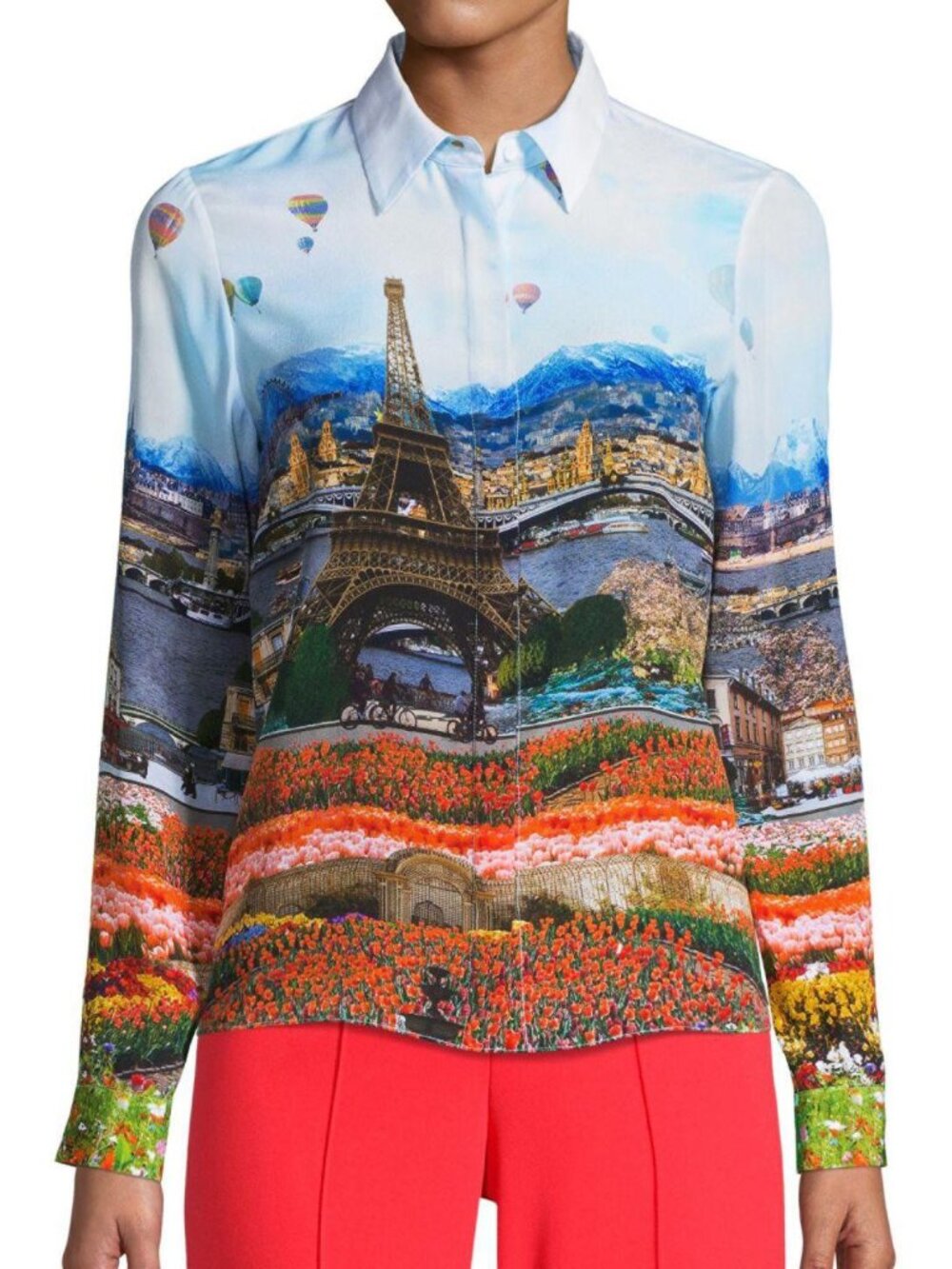 Alice + Olivia Willa Eiffel Tower Shirt Blouse Silk Floral Emily in Paris L